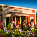 An image of a lush, palm-fringed coastline in Florida, with a group of enthusiastic learners skillfully constructing a charming tiny house surrounded by vibrant tropical flowers, under the warm glow of the sun