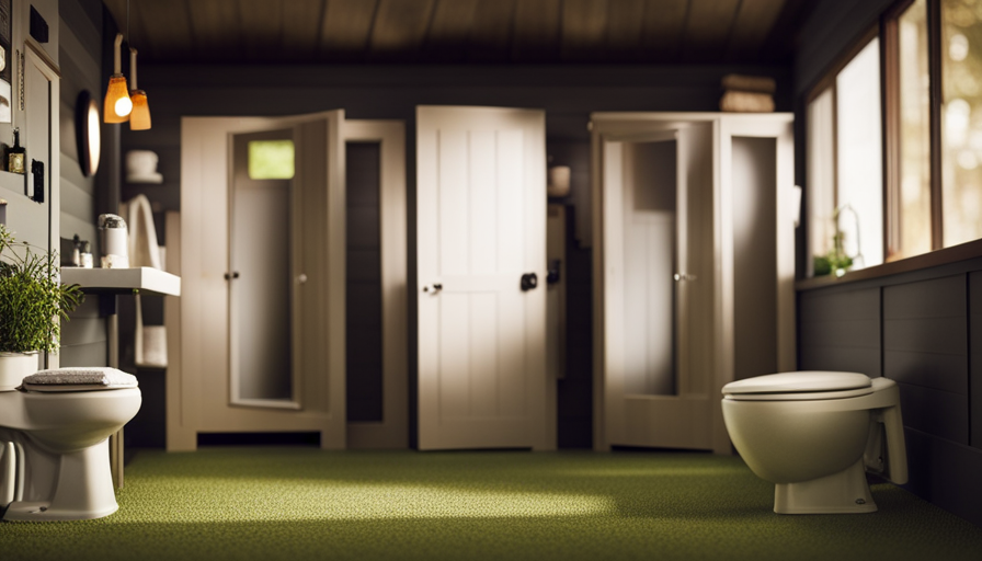 An image showcasing a compact, charming tiny house bathroom with a peat-moss composting toilet