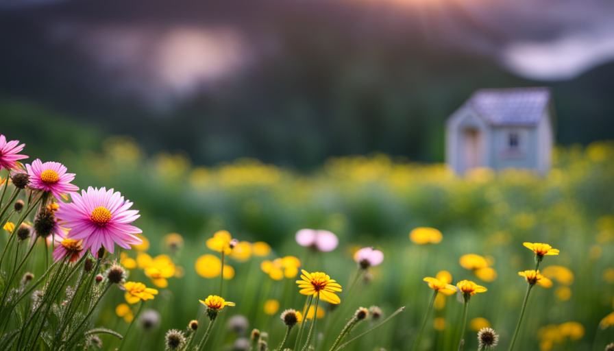 An image of a serene countryside landscape with a charming, fully-furnished tiny house nestled amidst blooming wildflowers and surrounded by lush greenery