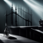  a dimly lit interior of a miniature house, shrouded in eerie shadows