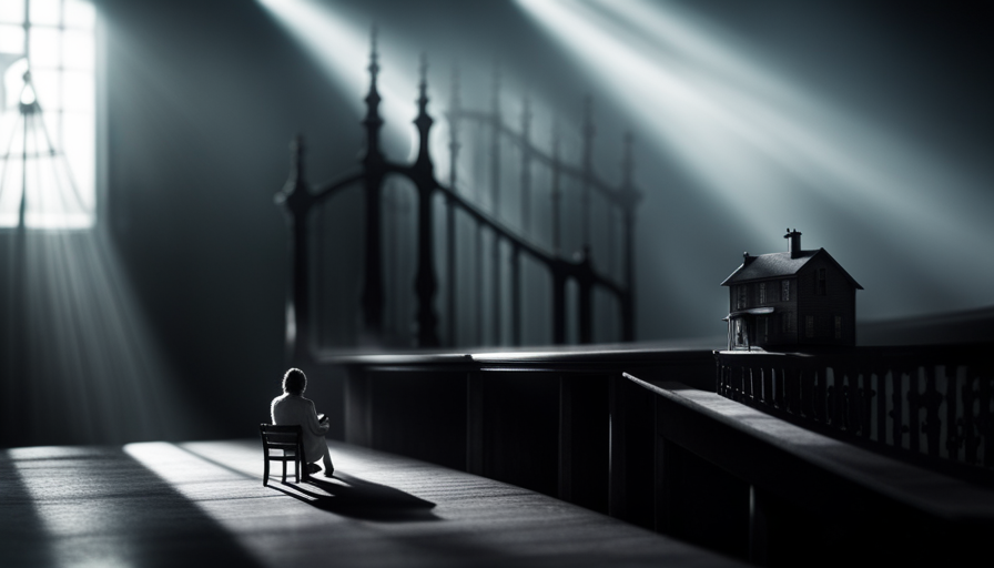 a dimly lit interior of a miniature house, shrouded in eerie shadows