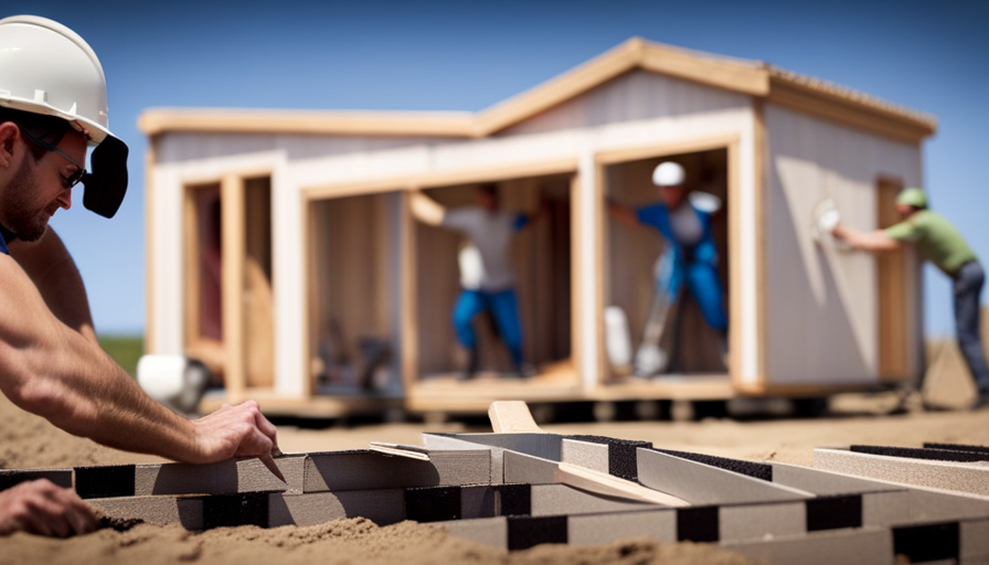 An image showcasing a person constructing a tiny house, measuring the foundation, installing insulation, plumbing, electrical wiring, and adding finishing touches