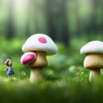 An image showcasing a whimsical, enchanted forest where a teeny tiny woman with rosy cheeks and a polka-dot dress lives in a charming teeny tiny mushroom house, nestled amidst towering blades of grass