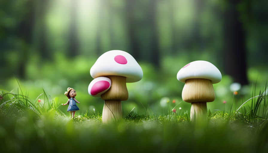 An image showcasing a whimsical, enchanted forest where a teeny tiny woman with rosy cheeks and a polka-dot dress lives in a charming teeny tiny mushroom house, nestled amidst towering blades of grass