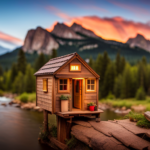 An image showcasing the picturesque mountainous landscape of Boulder, Colorado while featuring a cozy tiny house parked amidst tall pine trees, with a nearby stream and hiking trail in the background