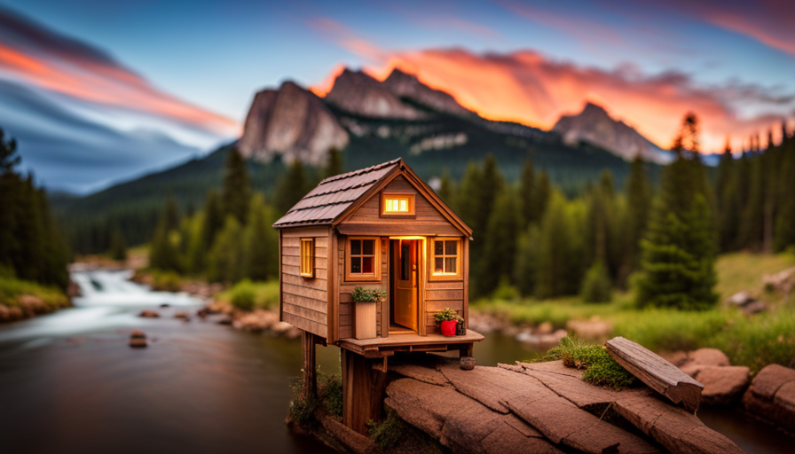 An image showcasing the picturesque mountainous landscape of Boulder, Colorado while featuring a cozy tiny house parked amidst tall pine trees, with a nearby stream and hiking trail in the background
