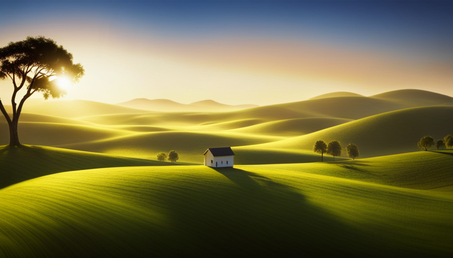An image showcasing an expansive countryside landscape with rolling hills, adorned by lush greenery
