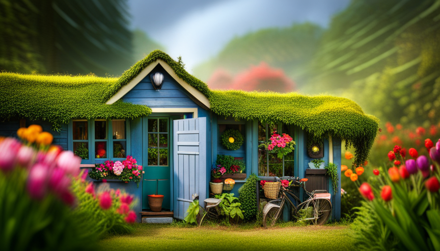 An enchanting image showcasing a charming, whimsical scene: a postman's tiny house nestled amidst lush greenery, adorned with vibrant flowers