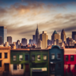 An image showcasing a picturesque urban landscape, with rows of charming, colorful tiny houses nestled within the vibrant neighborhoods of New York City