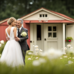 An image showcasing a bustling outdoor wedding scene set against the backdrop of a charming tiny house chapel