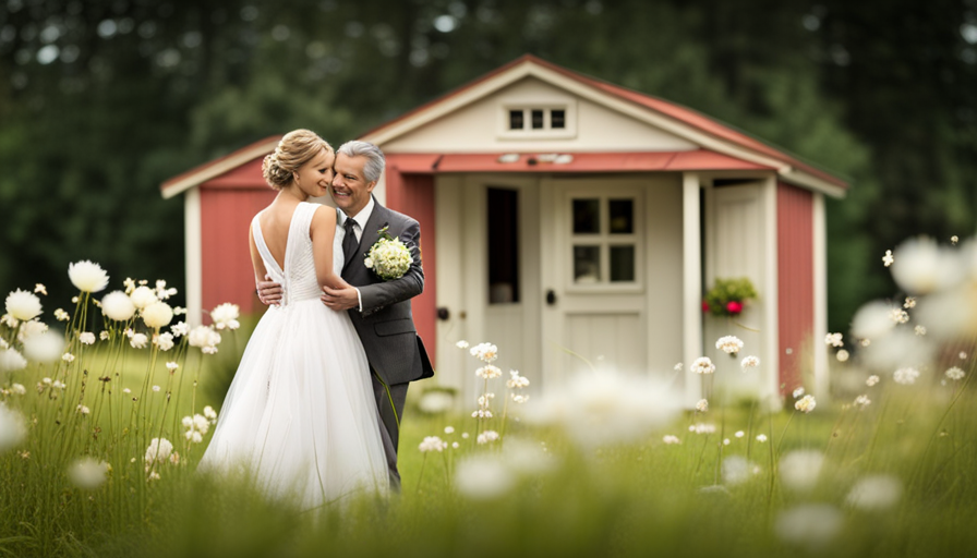 An image showcasing a bustling outdoor wedding scene set against the backdrop of a charming tiny house chapel