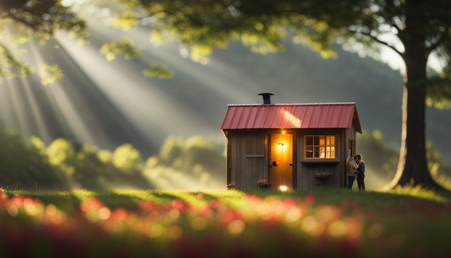 An image capturing the cozy charm of a couple's labor of love: a rustic, timber-clad tiny house cottage nestled amidst a picturesque woodland backdrop, with a smoke gently wafting from its quaint chimney