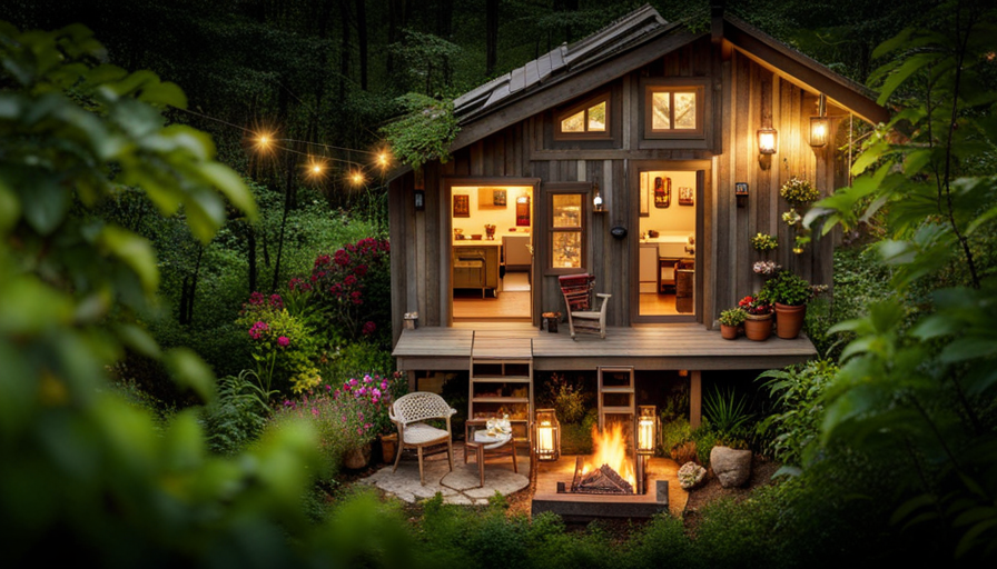 Head view of a charming, rustic tiny house nestled amidst a verdant forest, showcasing a cozy living space with a crackling fireplace, a loft bedroom adorned with fairy lights, and a quaint porch adorned with blooming flowers