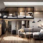 An image showcasing a minimalist tiny house design with an open floor plan, large windows inviting natural light, a cozy loft bedroom, a compact kitchenette, and a versatile living area maximizing space efficiency