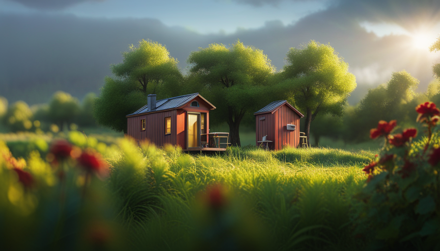 An image capturing a serene, wooded landscape with a charming, fully furnished tiny house nestled amidst the trees