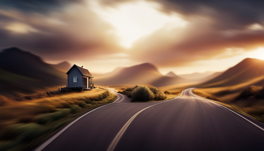An image capturing a charming tiny house rolling down a scenic road, showcasing its sturdy foundation, secured wheels, and reinforced structure with the picturesque landscape serving as a backdrop