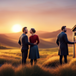An image depicting a smiling couple standing in front of their newly-built tiny house, surrounded by a backdrop of rolling hills and a picturesque sunset, subtly hinting at the question of compensation from the show