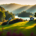 An image showcasing the picturesque landscape of East Bay, featuring a serene hillside with a small, charming tiny house nestled amidst the lush greenery, surrounded by towering trees and a sparkling creek
