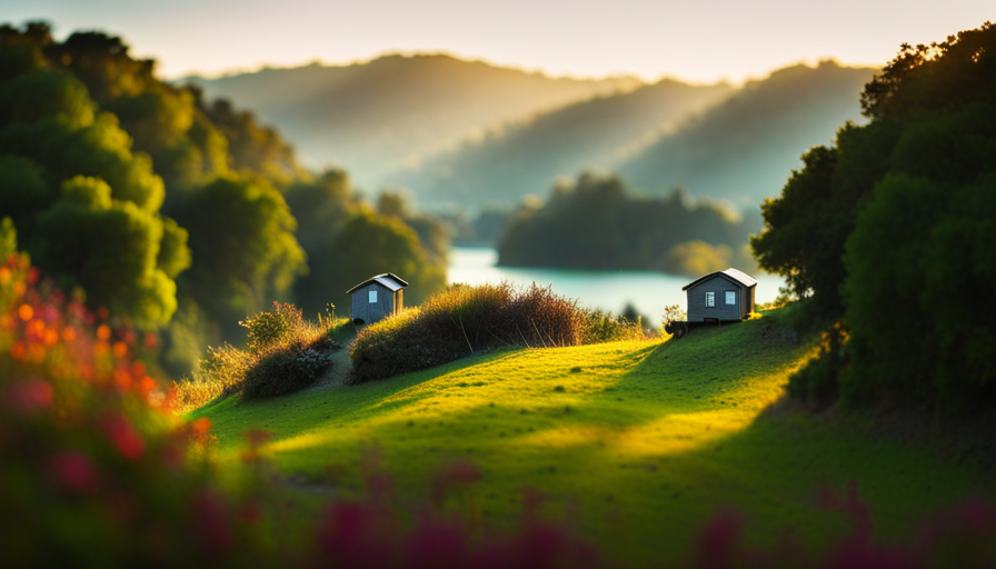 An image showcasing the picturesque landscape of East Bay, featuring a serene hillside with a small, charming tiny house nestled amidst the lush greenery, surrounded by towering trees and a sparkling creek