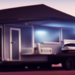 An image showcasing a futuristic tiny house with sleek solar panels, panoramic windows, and a Tesla parked outside