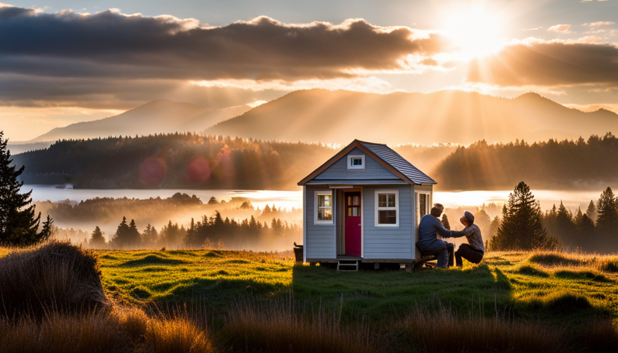 An image showcasing a picturesque Eugene landscape, where skilled builders construct tiny houses with meticulous precision