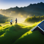  Create an image of a person holding a high-quality, lightweight, and durable solar panel, carefully placing it on the roof of a tiny house, surrounded by lush greenery and a picturesque mountain backdrop
