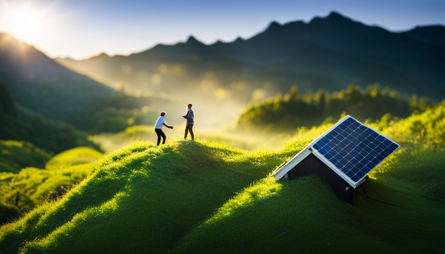 Create an image of a person holding a high-quality, lightweight, and durable solar panel, carefully placing it on the roof of a tiny house, surrounded by lush greenery and a picturesque mountain backdrop