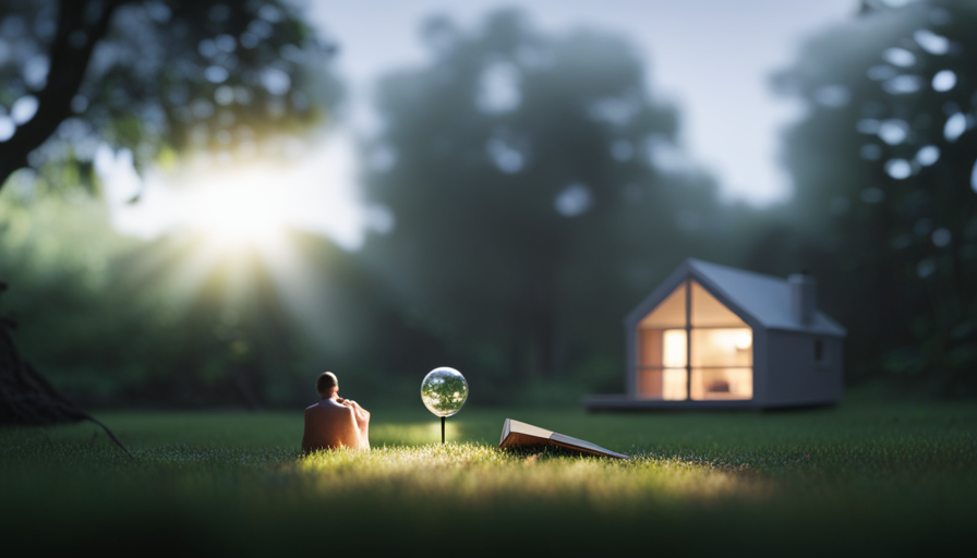 An image showcasing a cozy, minimalist tiny house nestled amidst serene nature, with a person peacefully reading by a large window, capturing the essence of a content and sustainable lifestyle