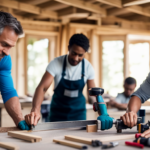 An image showcasing a step-by-step video tutorial on building a tiny house, with a diverse group of individuals working together, utilizing tools, measuring, sawing, hammering, and assembling wooden panels amidst a picturesque natural backdrop