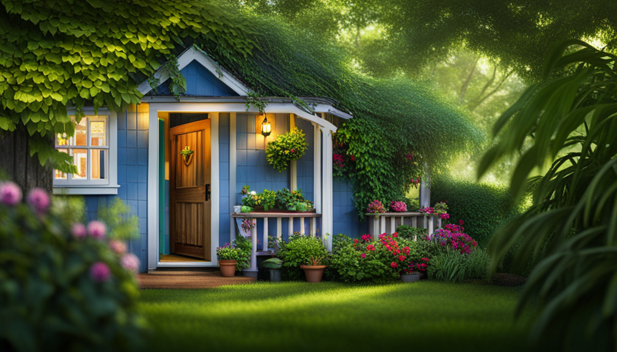 An image of a cozy, charming tiny house nestled amidst lush greenery, with an inviting porch, vibrant potted plants, and a welcoming open door, ready to be embraced by its new owner