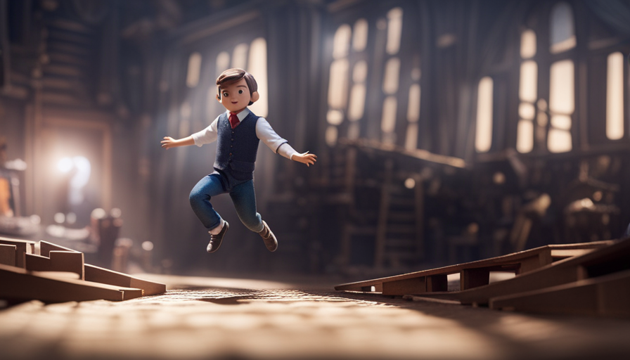 An image capturing the exhilarating chaos of a miniature protagonist dashing through a labyrinthine house, dodging gargantuan furniture, leaping over towering obstacles, with sunlight streaming through the windows, casting long shadows on the whimsical, toy-filled rooms