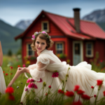 E the essence of contrasts as you frame a girl model, adorned in haute couture, standing tall beside her sister in front of a charming, meticulously crafted tiny house, nestled among vibrant wildflowers