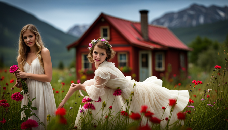 E the essence of contrasts as you frame a girl model, adorned in haute couture, standing tall beside her sister in front of a charming, meticulously crafted tiny house, nestled among vibrant wildflowers