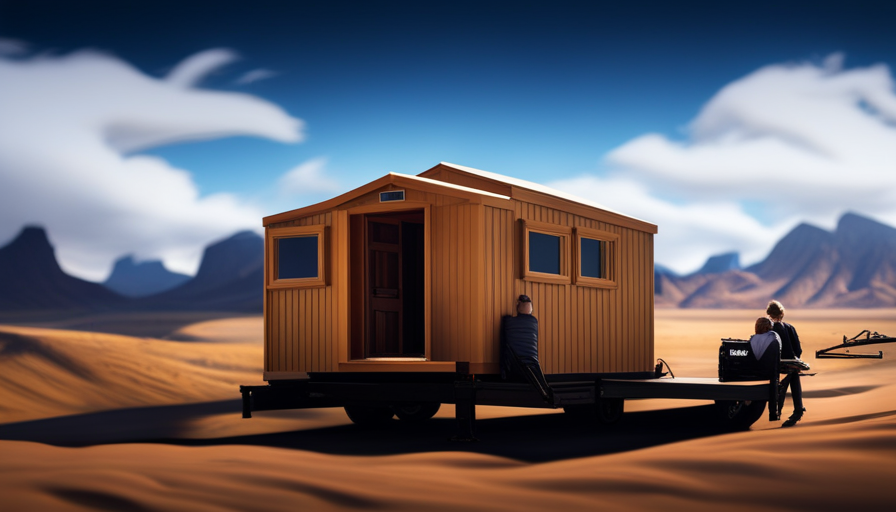 An image showcasing a Gooseneck Trailer Tiny House towering against a backdrop of majestic mountains, framed by a clear blue sky, emphasizing its impressive height and compact design
