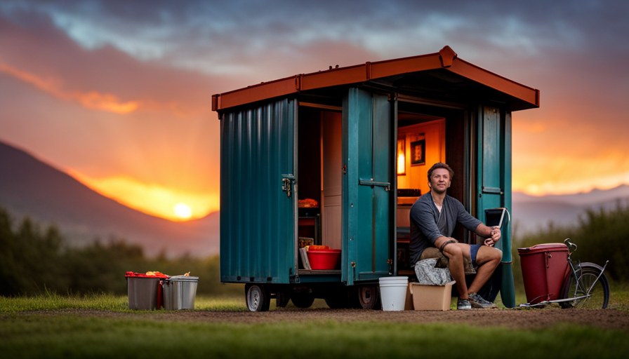 An image capturing the transformation of a man's life as he turns a dilapidated dumpster into a cozy tiny house