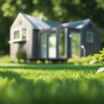 An image depicting a picturesque, sunlit tiny house nestled amidst lush green surroundings
