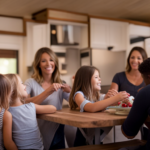 An image showcasing a bustling, yet cozy HGTV tiny house, bursting with life as a family of six joyfully occupies every corner - children playing, parents cooking, and laughter filling the air