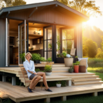  the essence of the "HGTV Tiny House Where Are They Now" blog post with a captivating image: A cozy, rustic-chic tiny house nestled amidst lush greenery, its large windows inviting warm sunlight, while a couple relaxes on the porch, savoring their peaceful, minimalist lifestyle
