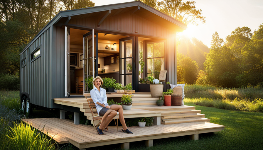 the essence of the "HGTV Tiny House Where Are They Now" blog post with a captivating image: A cozy, rustic-chic tiny house nestled amidst lush greenery, its large windows inviting warm sunlight, while a couple relaxes on the porch, savoring their peaceful, minimalist lifestyle