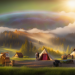 An image capturing a serene meadow backdrop, adorned with vibrant tie-dye tapestries, where a carefree hippie crafts and sells handcrafted dreamcatchers and colorful beaded jewelry to fund their whimsical, eco-friendly tiny house dreams