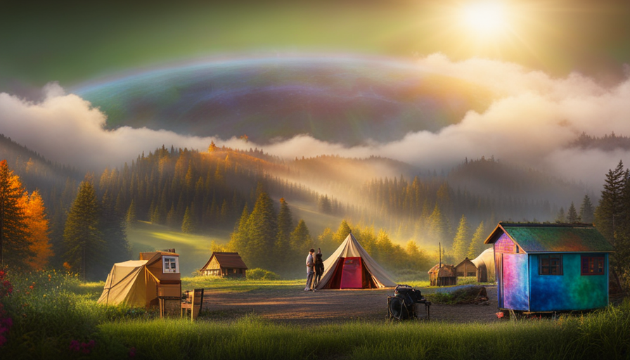 An image capturing a serene meadow backdrop, adorned with vibrant tie-dye tapestries, where a carefree hippie crafts and sells handcrafted dreamcatchers and colorful beaded jewelry to fund their whimsical, eco-friendly tiny house dreams