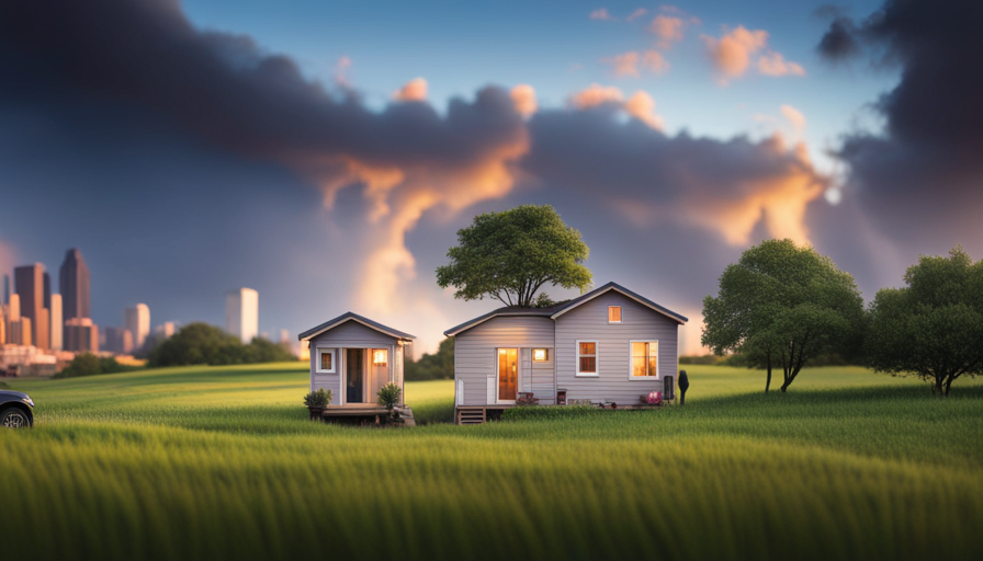 An image showcasing Houston's diverse landscape for tiny houses - a charming tiny home nestled amidst the vibrant urban sprawl, a cozy dwelling tucked away in a lush suburban garden, and a stylish abode perched on the serene outskirts of the city