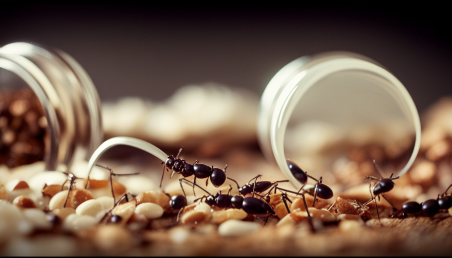 An image depicting a kitchen counter cluttered with crumbs, a trail of tiny ants marching towards a sugar jar
