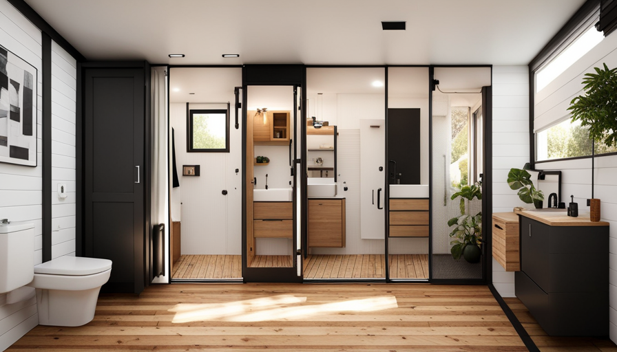 An image that showcases a compact, yet functional bathroom in a tiny house