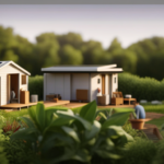 An image that showcases a tiny house nestled amidst lush greenery, with solar panels on its roof, a rainwater harvesting system, a composting toilet, and a vegetable garden, highlighting its eco-friendly features