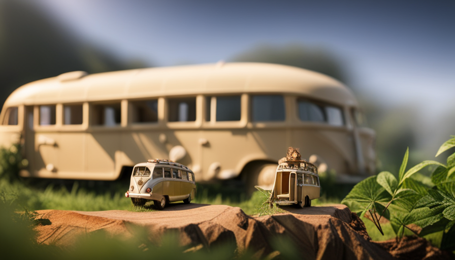 An image showcasing a serene countryside scene with a converted vintage bus parked amidst lush greenery