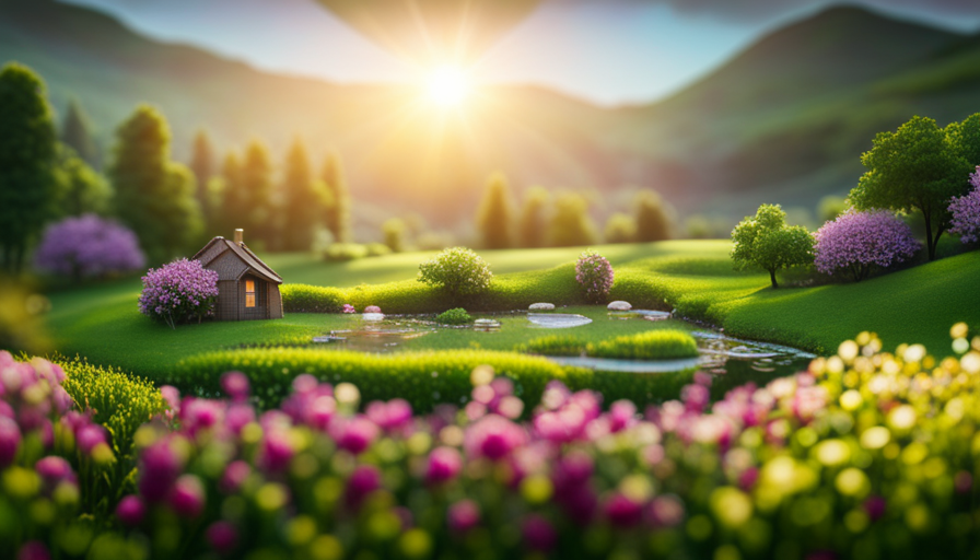An image of a sprawling countryside with a picturesque landscape featuring a charming little house, nestled amidst towering trees, surrounded by a blooming garden, as a reflection of the journey on how to build a tiny house