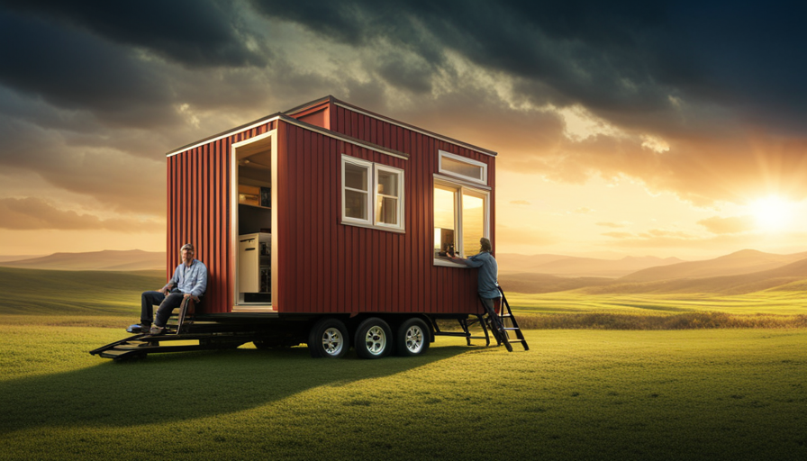 An image showcasing a compact, charming tiny house in vibrant colors, elegantly perched on a massive flatbed truck