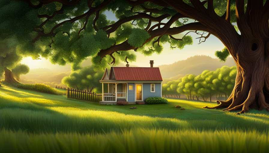 An image depicting a lush countryside landscape with a tiny house nestled between towering oak trees, showcasing the perfect balance of size and coziness