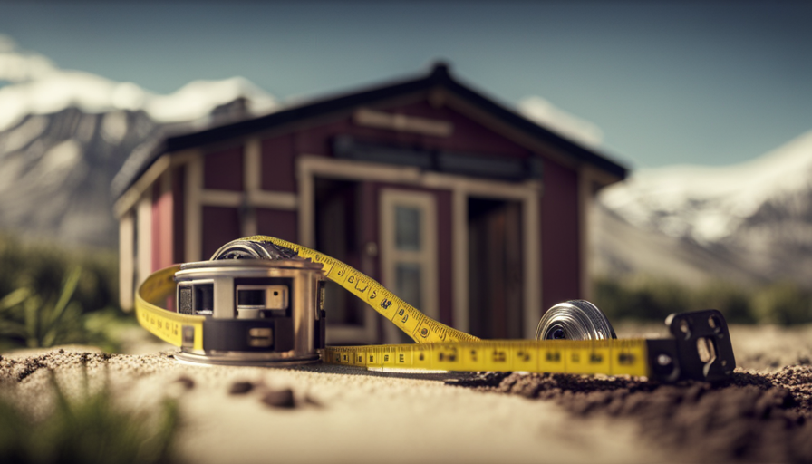 An image of a tape measure stretched across a charming, fully furnished tiny house, revealing its precise dimensions